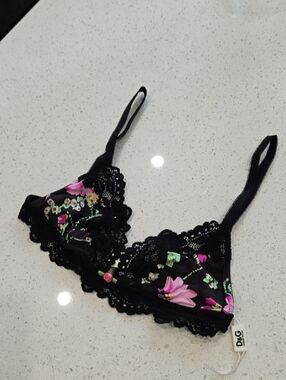 D&G Black Floral Lace Bralette with Pink & Green Accents
